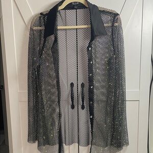 A.Z.I. Metallic Rhinestone Mesh Button-Up Shirt Jacket - Black